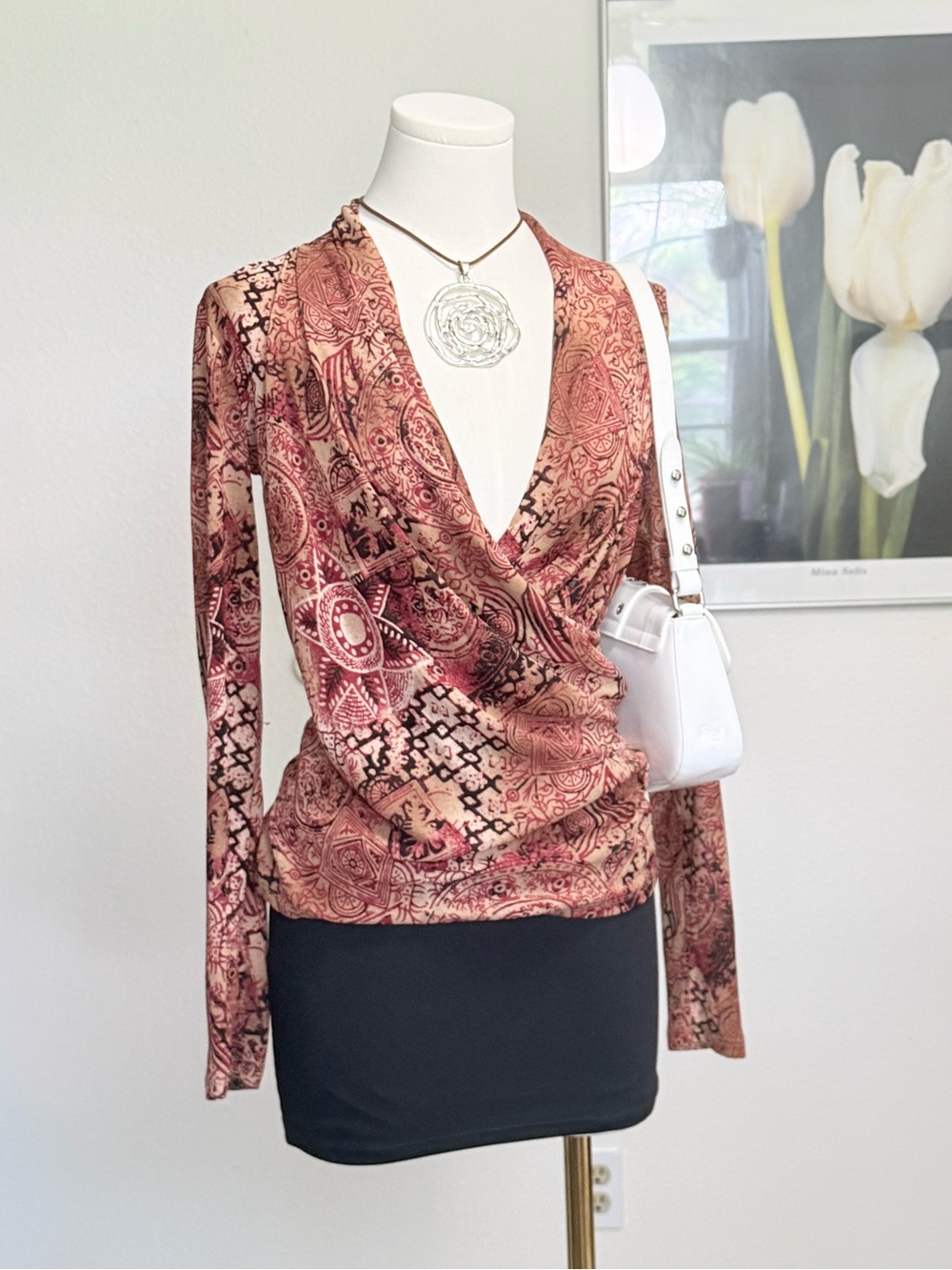 Tesori Abstract Long Sleeve Wrap Top 90s Y2K Boho Southwestern Whimsygoth